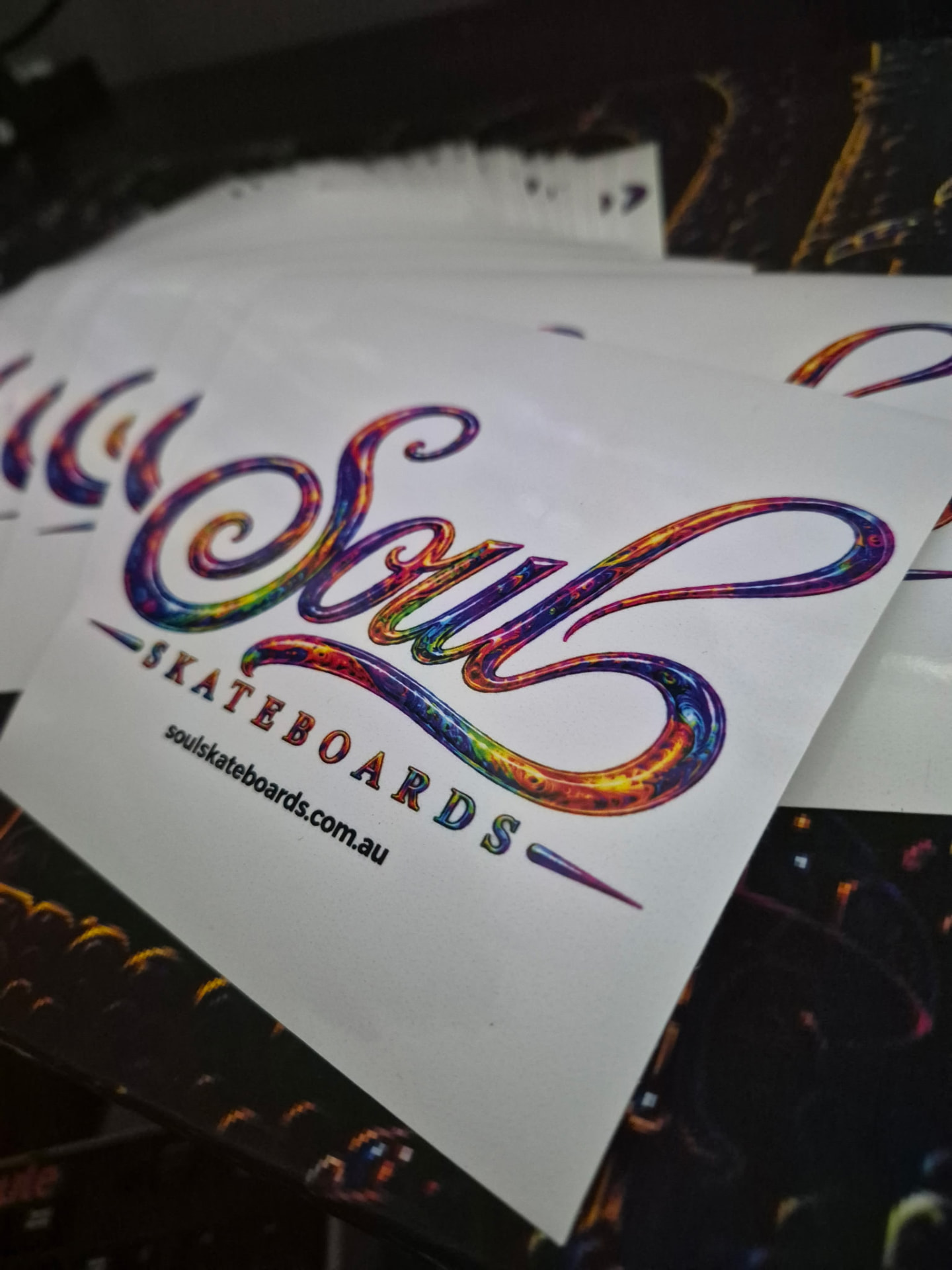 Soul Skateboards official logo sticker, angled close-up
